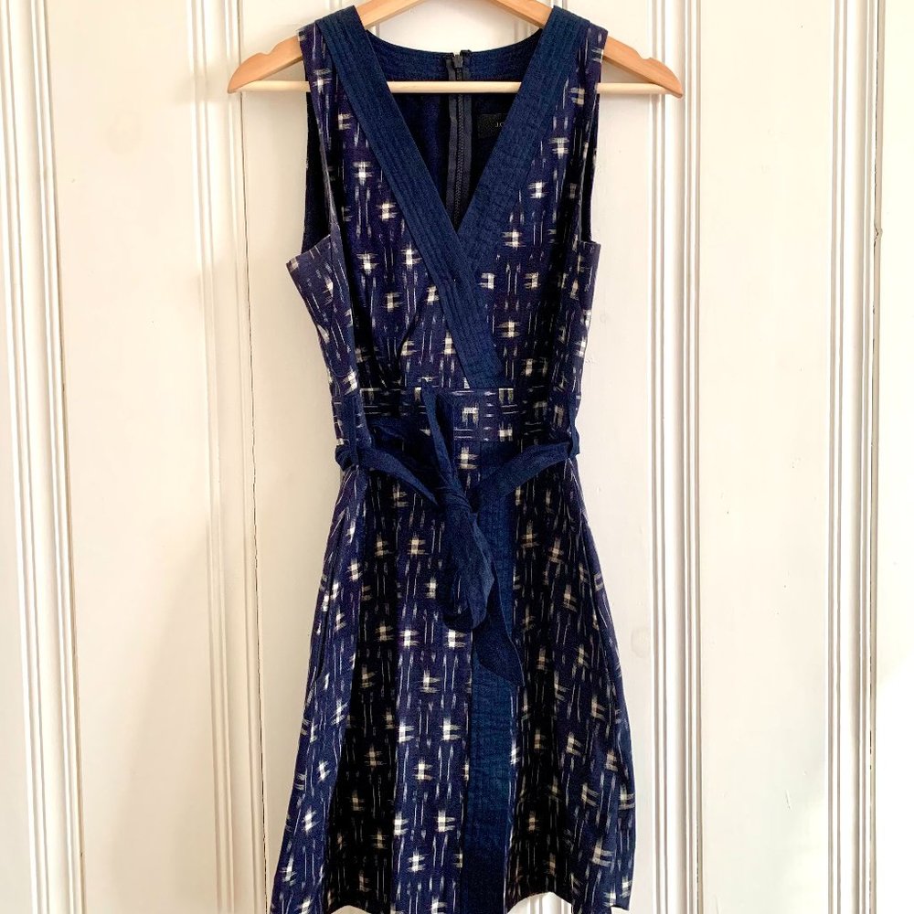 J Crew Ikat Wrap Dress Indigo Blue Printed V-Neck